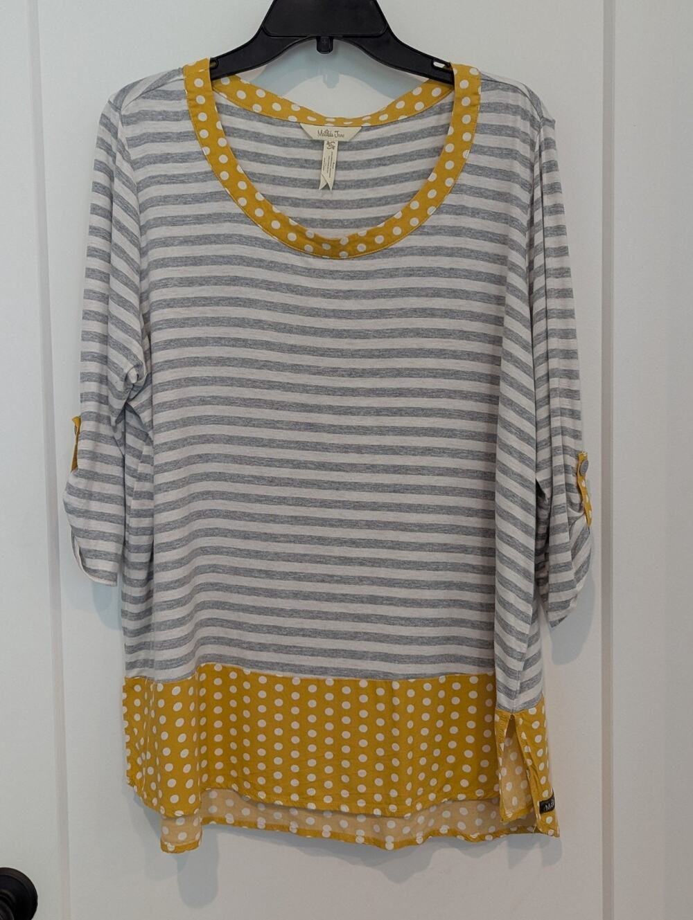 Matilda Jane XL Tunic Gray Stripe Yellow Polka Dot Knit 3/4 Sleeve Preppy EUC